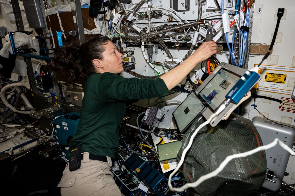 NASA astronaut and Expedition 71 Flight Engineer Tracy C. Dyson tests the configuration of computers that control life support systems aboard the International Space Station's Destiny laboratory module.