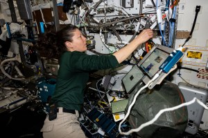 NASA astronaut and Expedition 71 Flight Engineer Tracy C. Dyson tests the configuration of computers that control life support systems aboard the International Space Station's Destiny laboratory module.