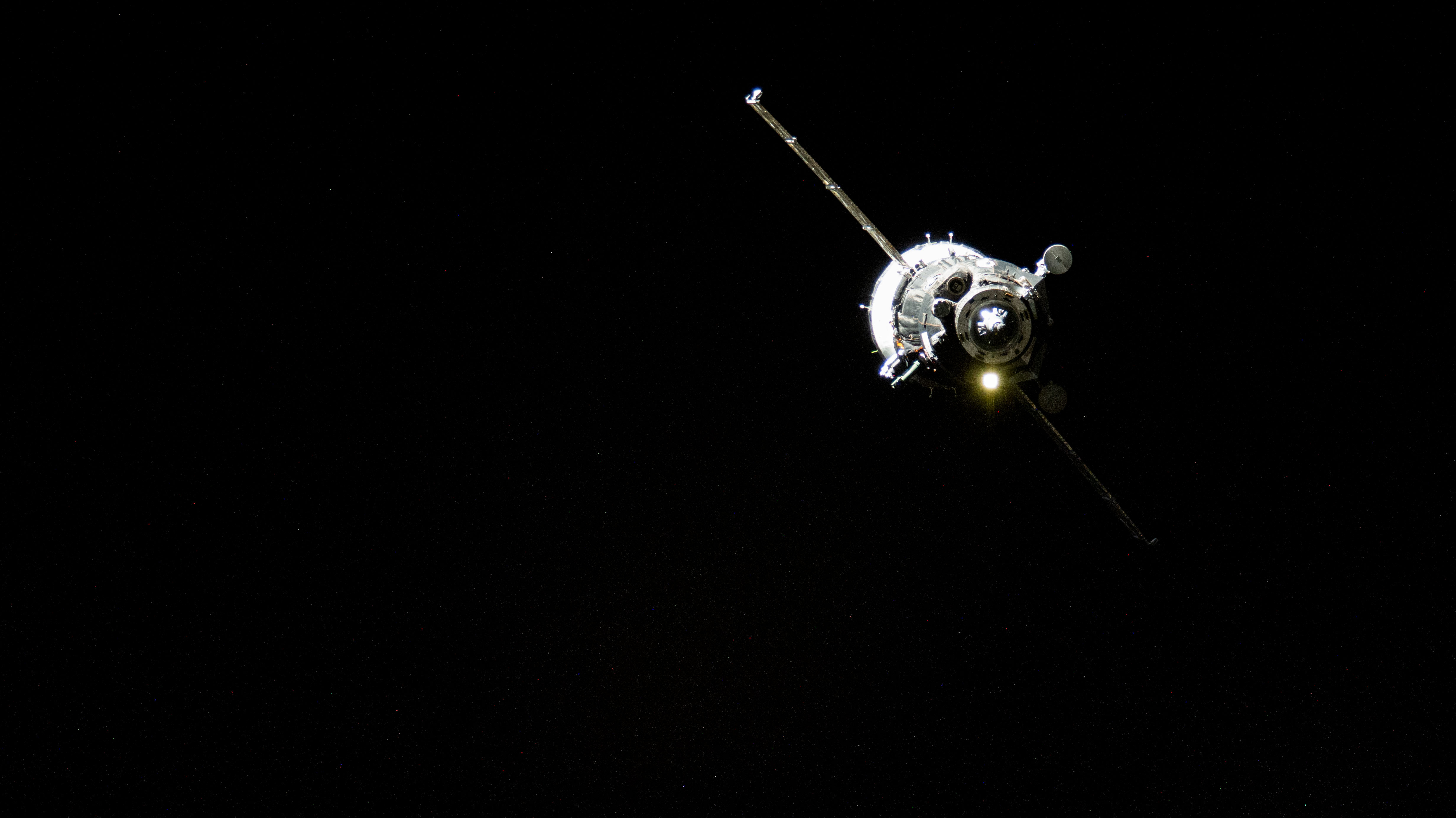 The Soyuz MS-26 spacecraft approaches the International Space Station