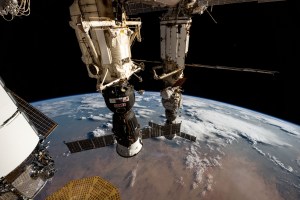 Two Roscosmos crew ships, the Soyuz MS-26 docked to the Rassvet module (foreground) and the Soyuz MS-25 (background) docked to the Prichal docking module, are pictured parked at the International Space Station as it orbited 258 miles above Sudan near the Nile River on the African continent.