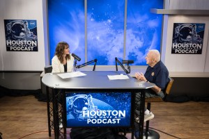 Houston We Have a Podcast Host Leah Cheshier and Gene Kranz sit down during the recording of Houston We Have a Podcast. Credit: NASA/Josh Valcarcel