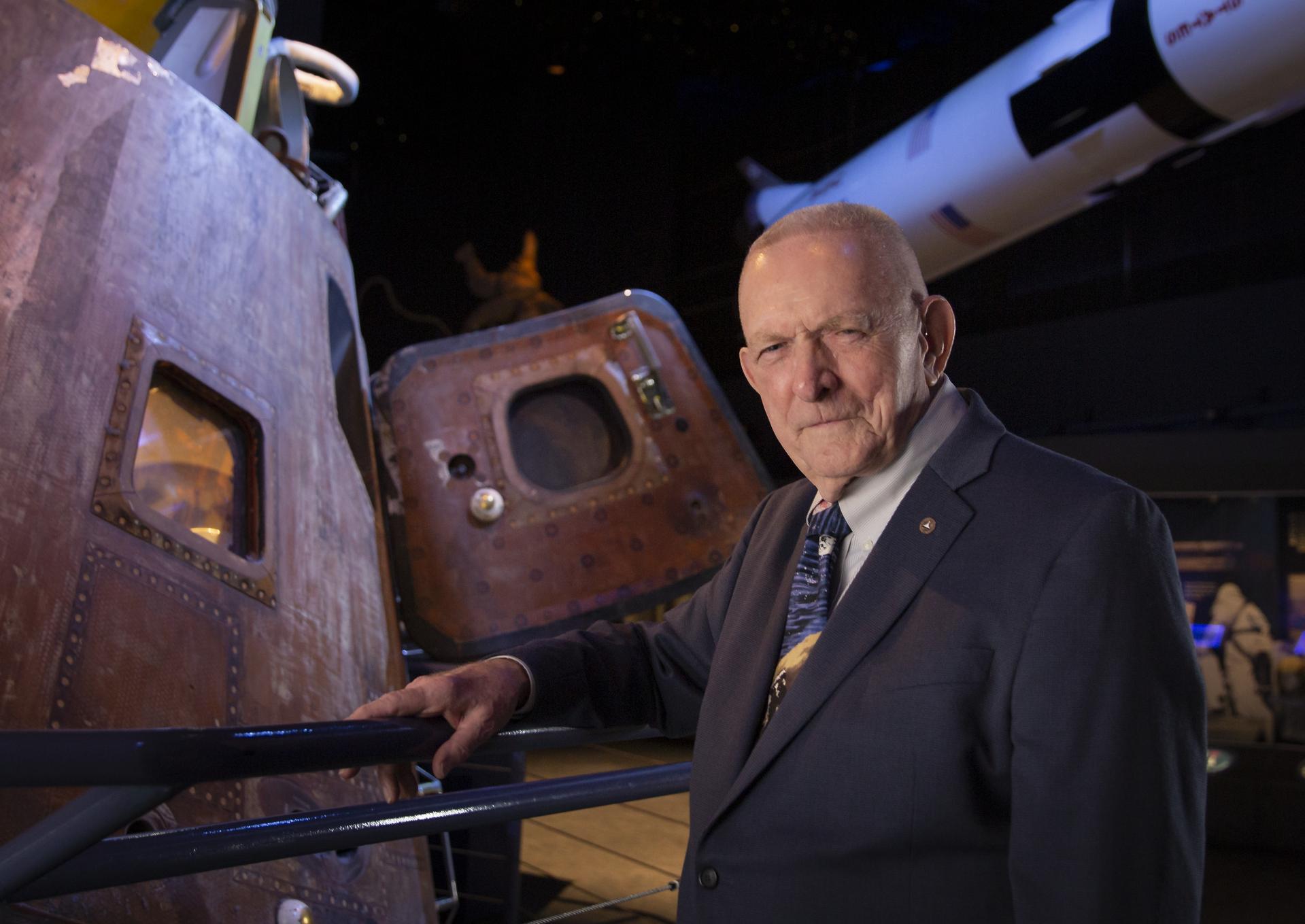 Retired NASA Flight Director and manager Gene Kranz poses for a portrait next to the Apollo 17 Command Module, Thursday, July 11, 2019 at Space Center Houston in Houston, Texas.