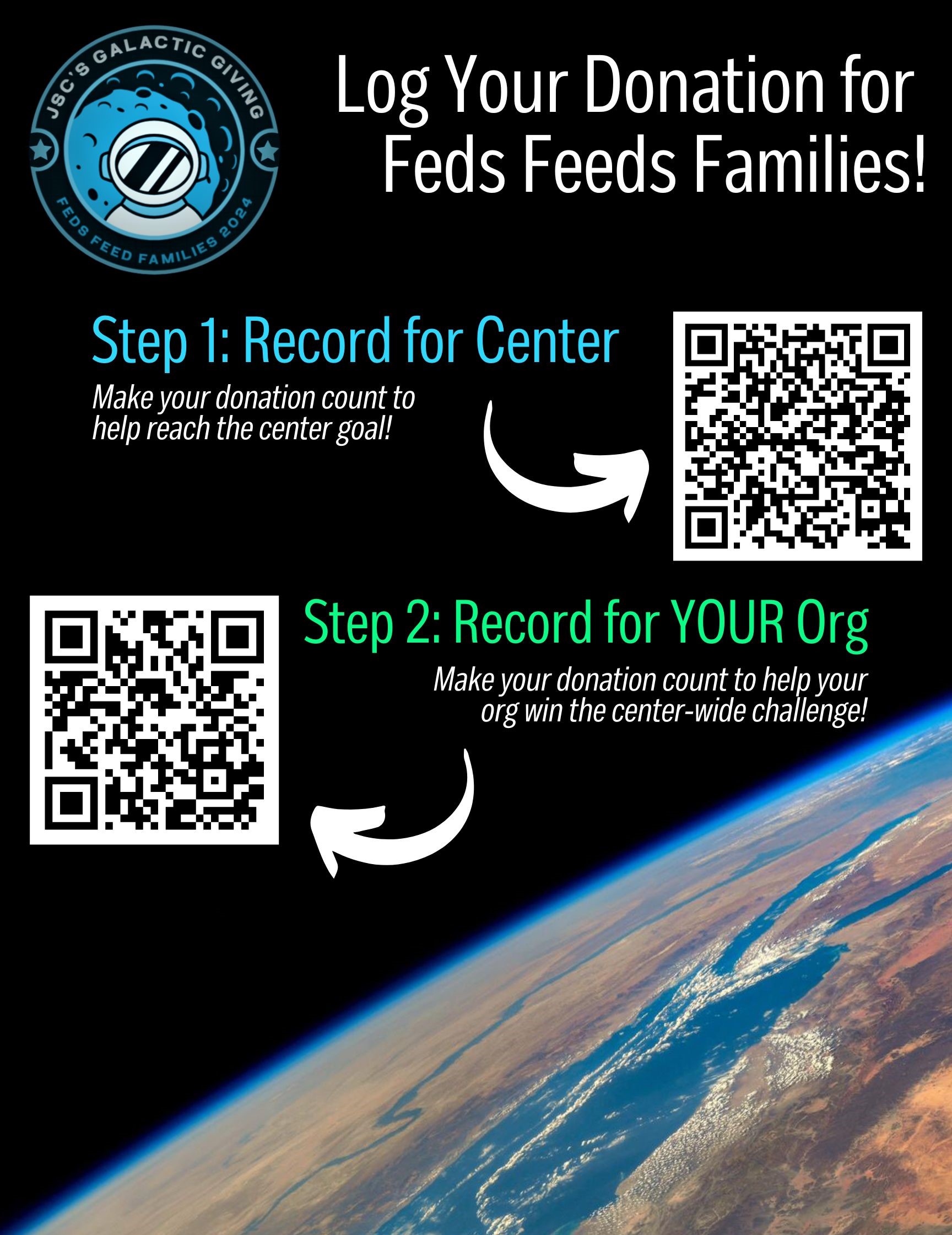 Black background with Earth's limb in the bottom right corners with QR codes for how to record donations to JSC's Galactic Giving Fed Feeds Family effort