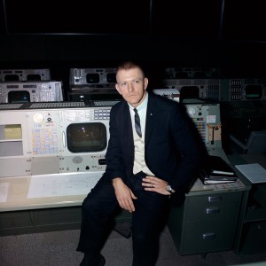 Gene Kranz is pictured at the Flight Directors console during the Apollo era. Credit: NASA