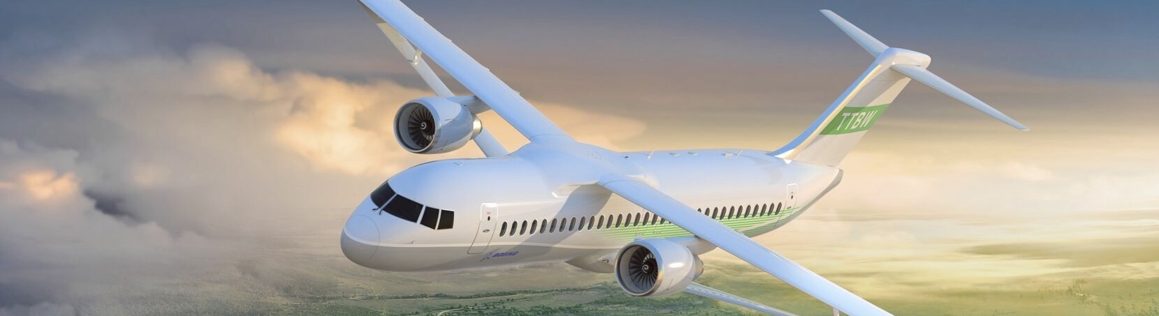 Boeing aircraft flying above a field.