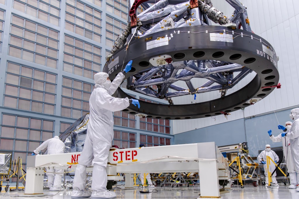 The Instrument Carrier for NASA’s Nancy Grace Roman Space Telescope is lifted during the integration of the Roman Coronagraph in October 2024 at NASA's Goddard Space Flight Center in Greenbelt, Maryland.