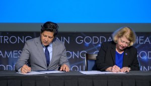 President and CEO of the Hispanic Heritage Foundation Jose Antonio Tijerino, left, and NASA Deputy Administrator Pam Melroy, sign a Space Act Agreement between the HHF and NASA to collaborate and expand STEM opportunities for Latino K-12 and university students and reduce barriers to agency activities and opportunities.