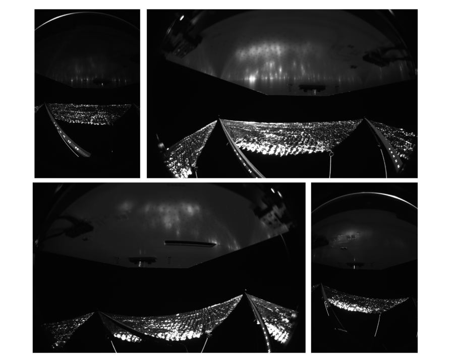 Four views from cameras onboard the spacecraft show the reflective sail quadrants supported by composite booms.