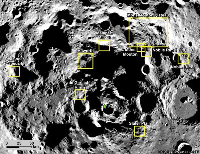 Black and white map of the lunar South Pole with yellow writing showing where NASA's Artemis III mission may land on the Moon.