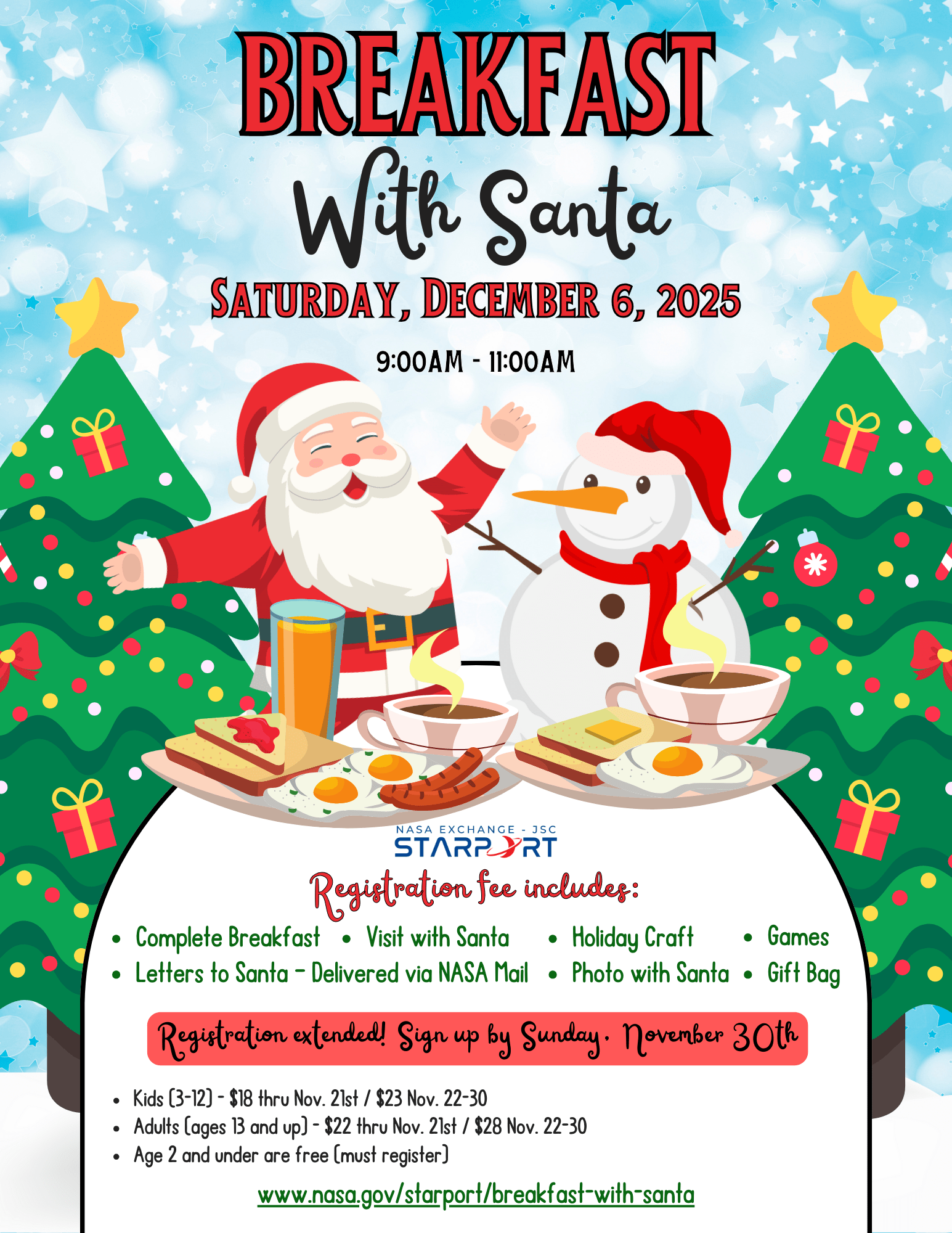 A flyer for JSC's Breakfast with Santa event on December 6, 2025.