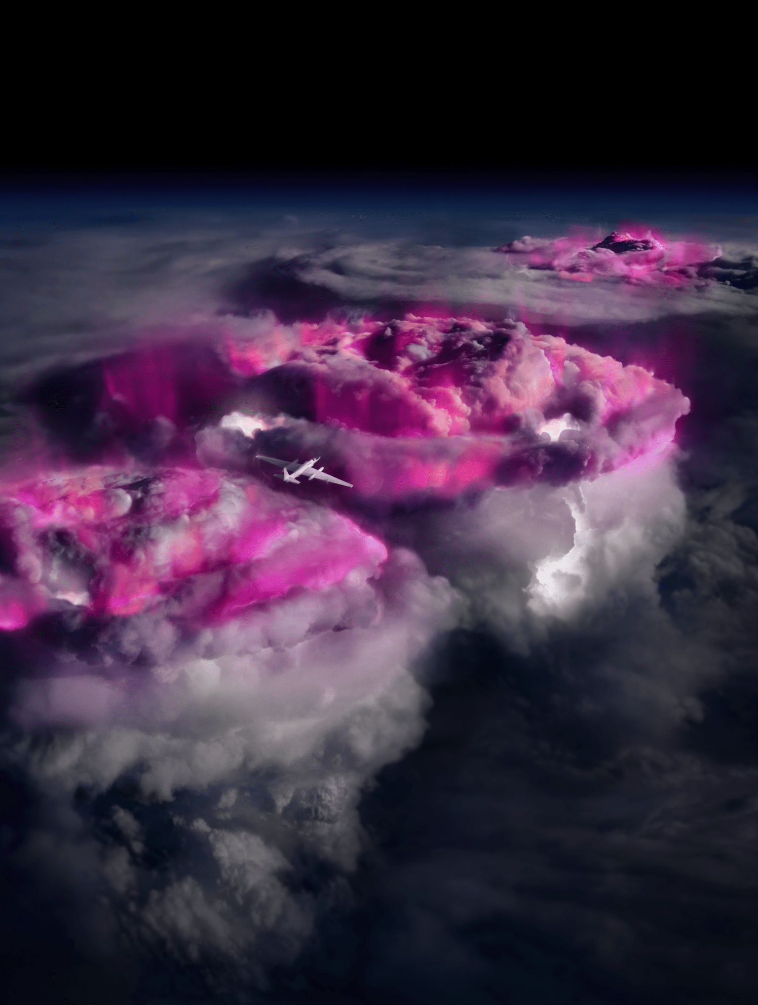 NASA’s high-flying ER-2 airplane carries instrumentation in this artist’s impression of the ALOFT mission to record gamma rays (colored purple for illustration) from thunderclouds.