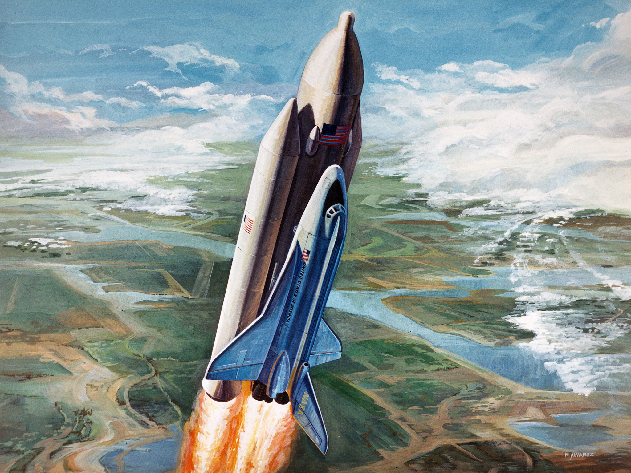 An illustration of a space shuttle liftoff. The shuttle flies upward at a slight angle as a column of fire shooting downward from the rocket boosters. In the background is the surrounding green land and blue water, along with white clouds on the top left and right sides of the image.