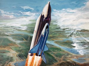 An illustration of a space shuttle liftoff. The shuttle flies upward at a slight angle as a column of fire shooting downward from the rocket boosters. In the background is the surrounding green land and blue water, along with white clouds on the top left and right sides of the image.