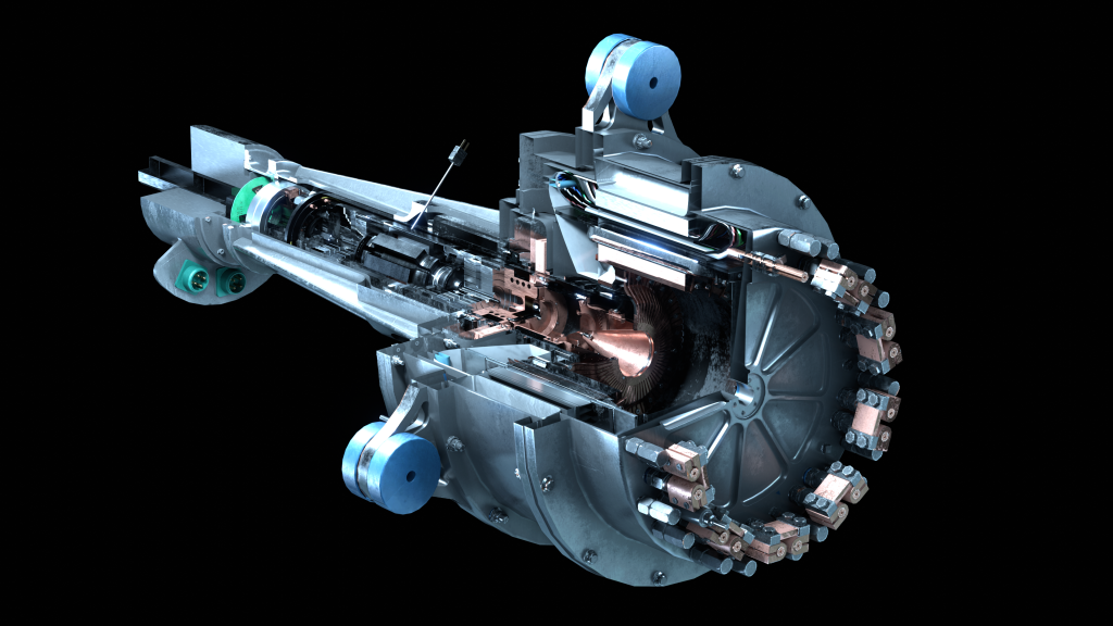An artist rendering of an aircraft motor cut open displaying the internal hardware against a black background.