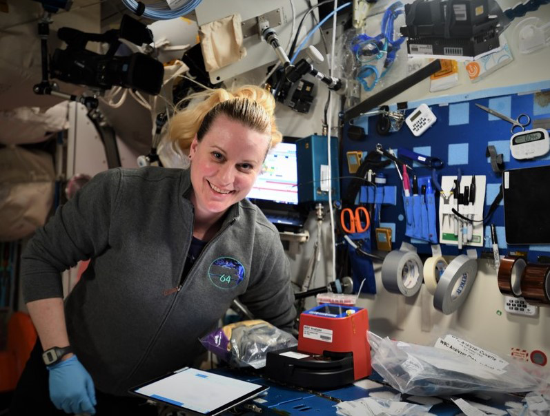 ISS Increment 64 Flight Engineer Kate Rubins is shown with the HemoCue® device in the Maintenance Work Area of ISS Harmony Module in January 2021.