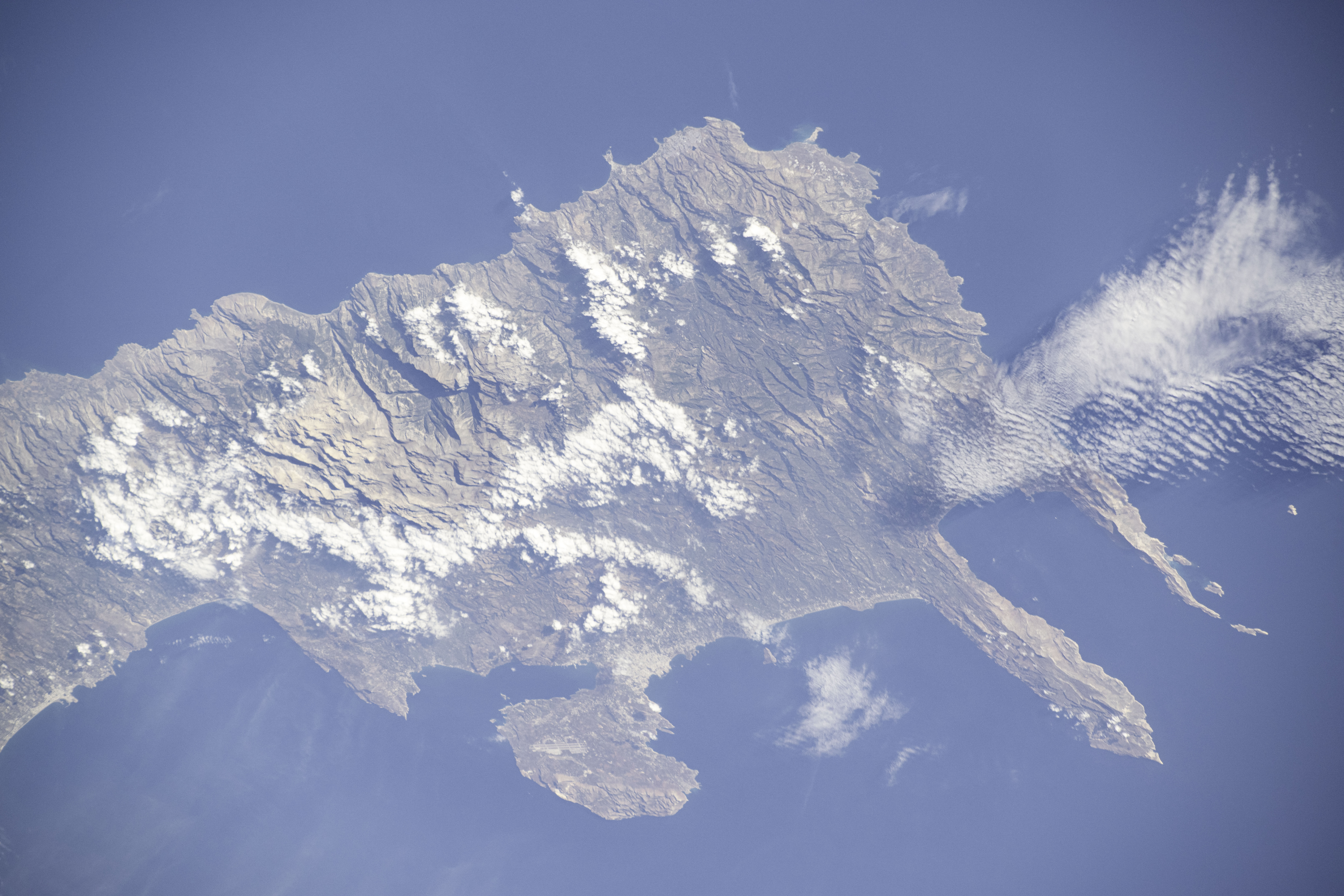 iss071e700011 (Sept. 19, 2024) -- The largest of the Greek islands, Crete, was photographed from the International Space Station as it orbited 258 miles above. The northwestern portion of the island is pictured here, including Chania, one of four regional units.