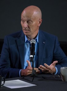Deputy Director Steve Koerner is pictured during a live recording of Houston We Have a Podcast's 300th episode. Credit: NASA/James Blair
