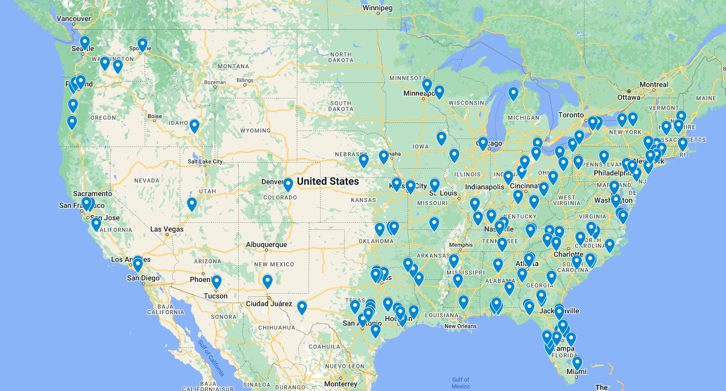 Map of the United States with pins representing each Moon Tree stewards location