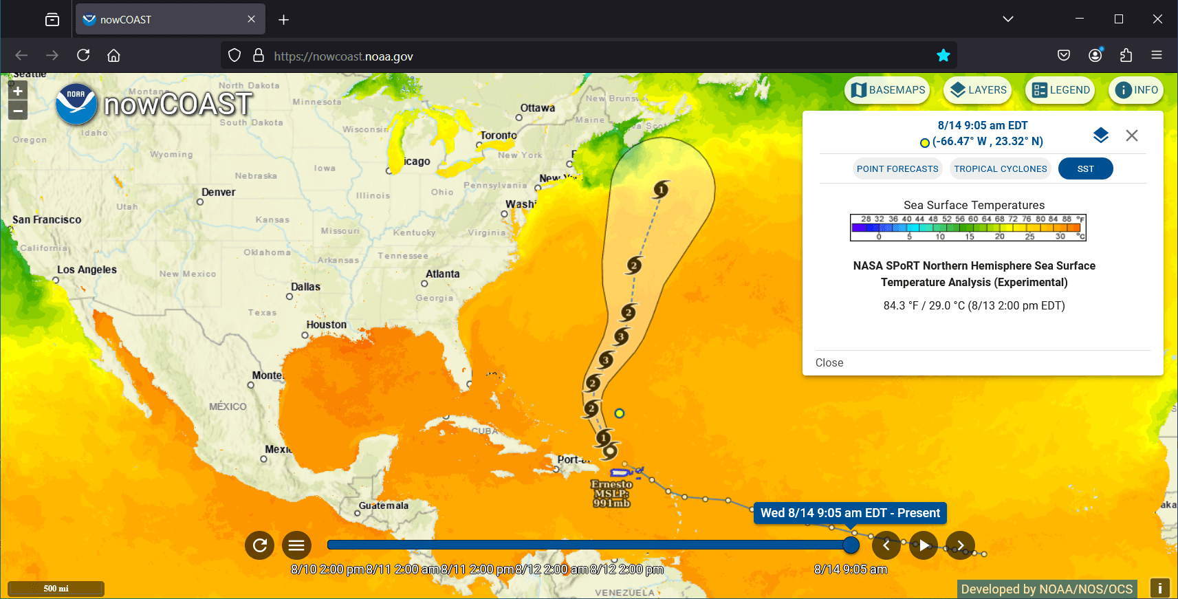 From August, NOAA/NWS/NHC's predicted track and intensity forecasts and cone of uncertainty for Tropical Storm Ernesto overlaid on top of the latest NASA SPoRT SST Composite in the nowCOAST.