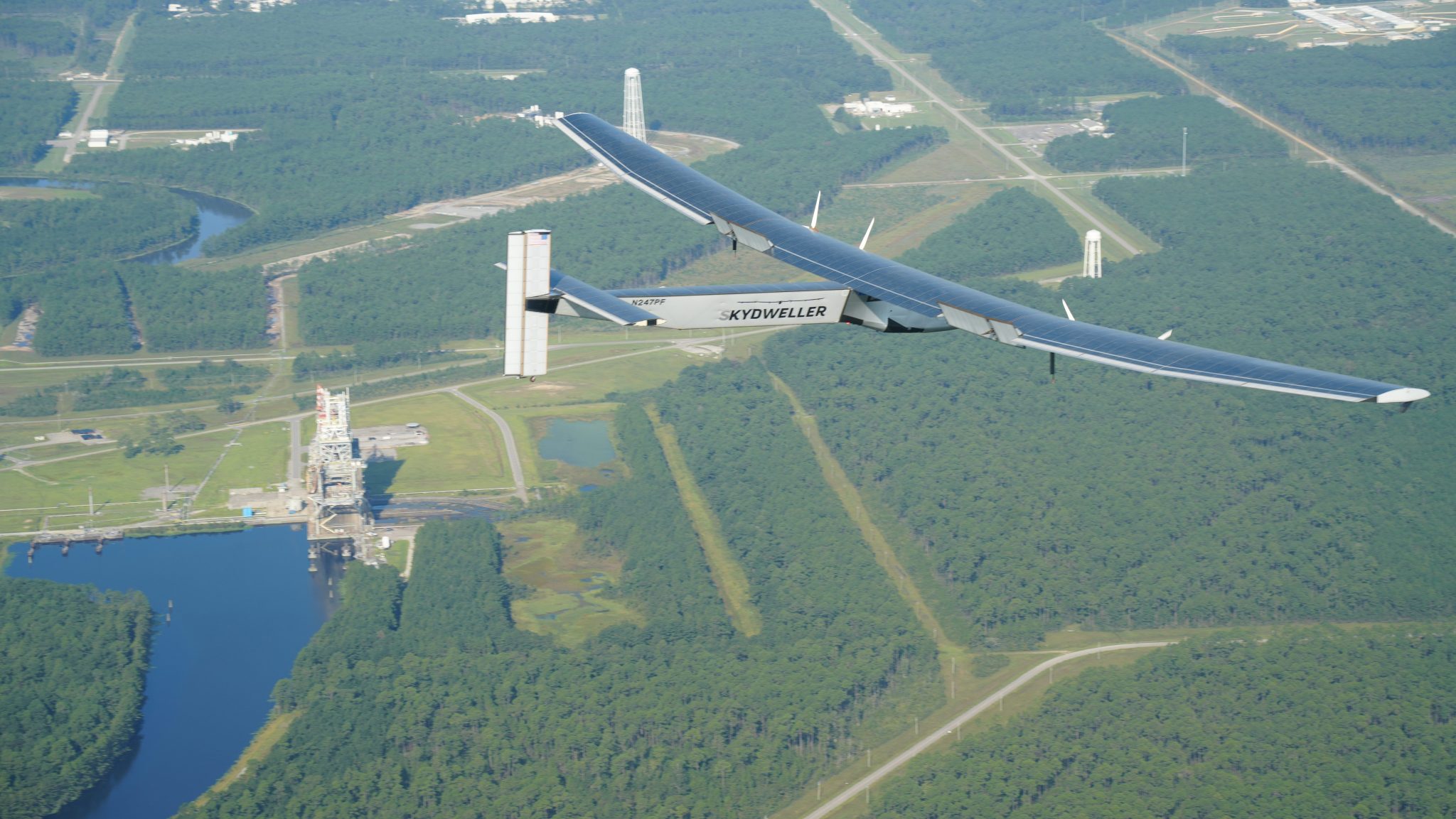 The Skydweller Aero solar-powered, autonomous aircraft flies above the Thad Cochran Test as agreed by Range Operations