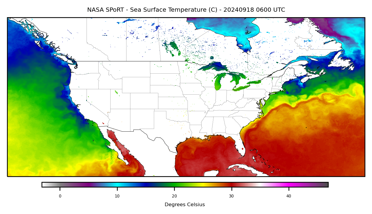 NASA SPoRT's viewer displaying the Sea Surface Temperature (SST) product for the continental U.S.
