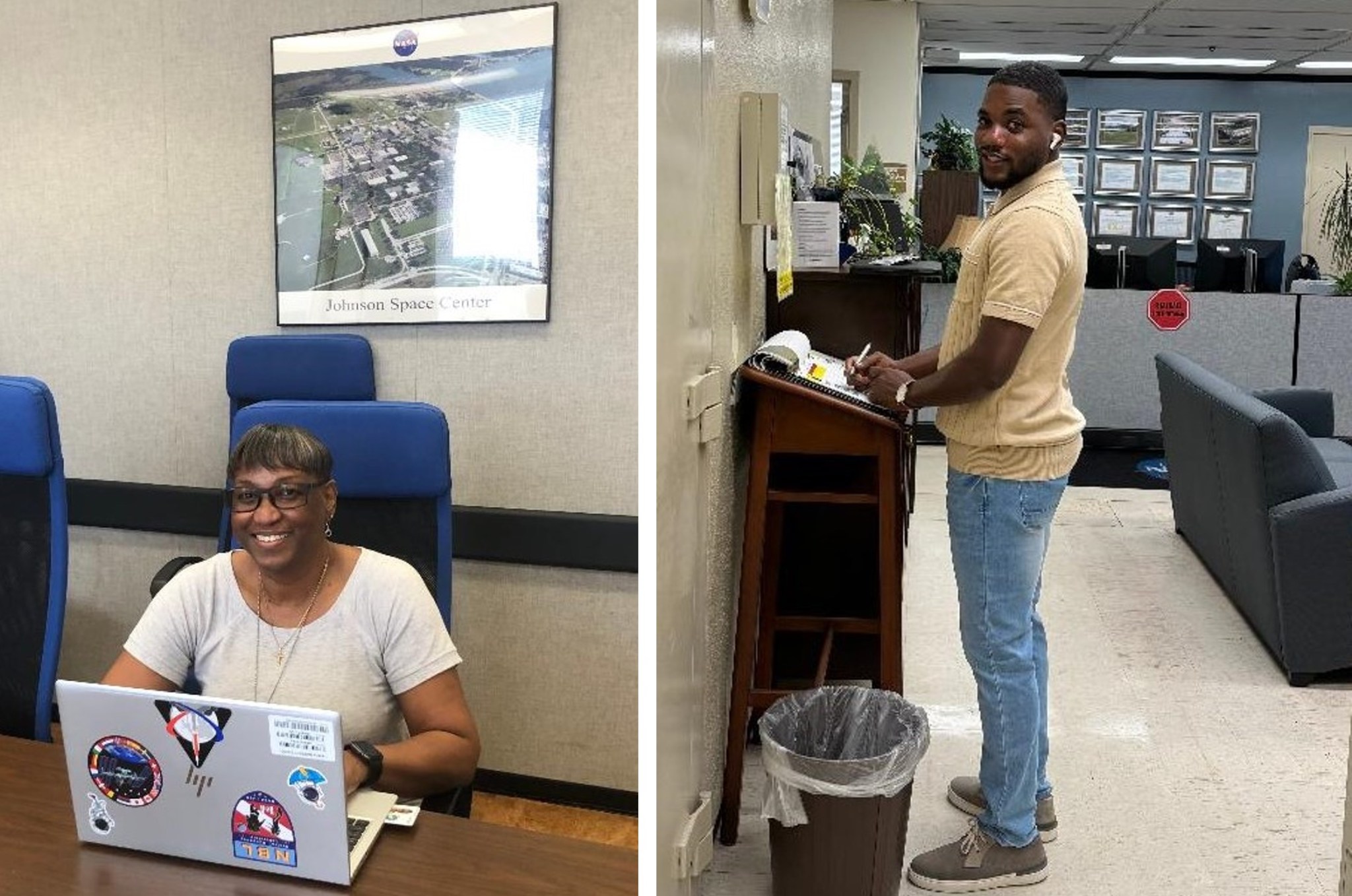 The lead facility manager and alternate lead facility manager for Johnson Space Center in side-by-side photographs.