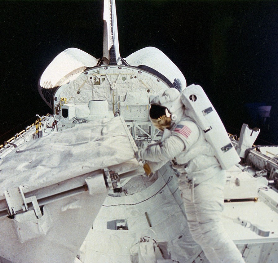 NASA astronaut Kathryn D. Sullivan during her historic spacewalk during STS-41G