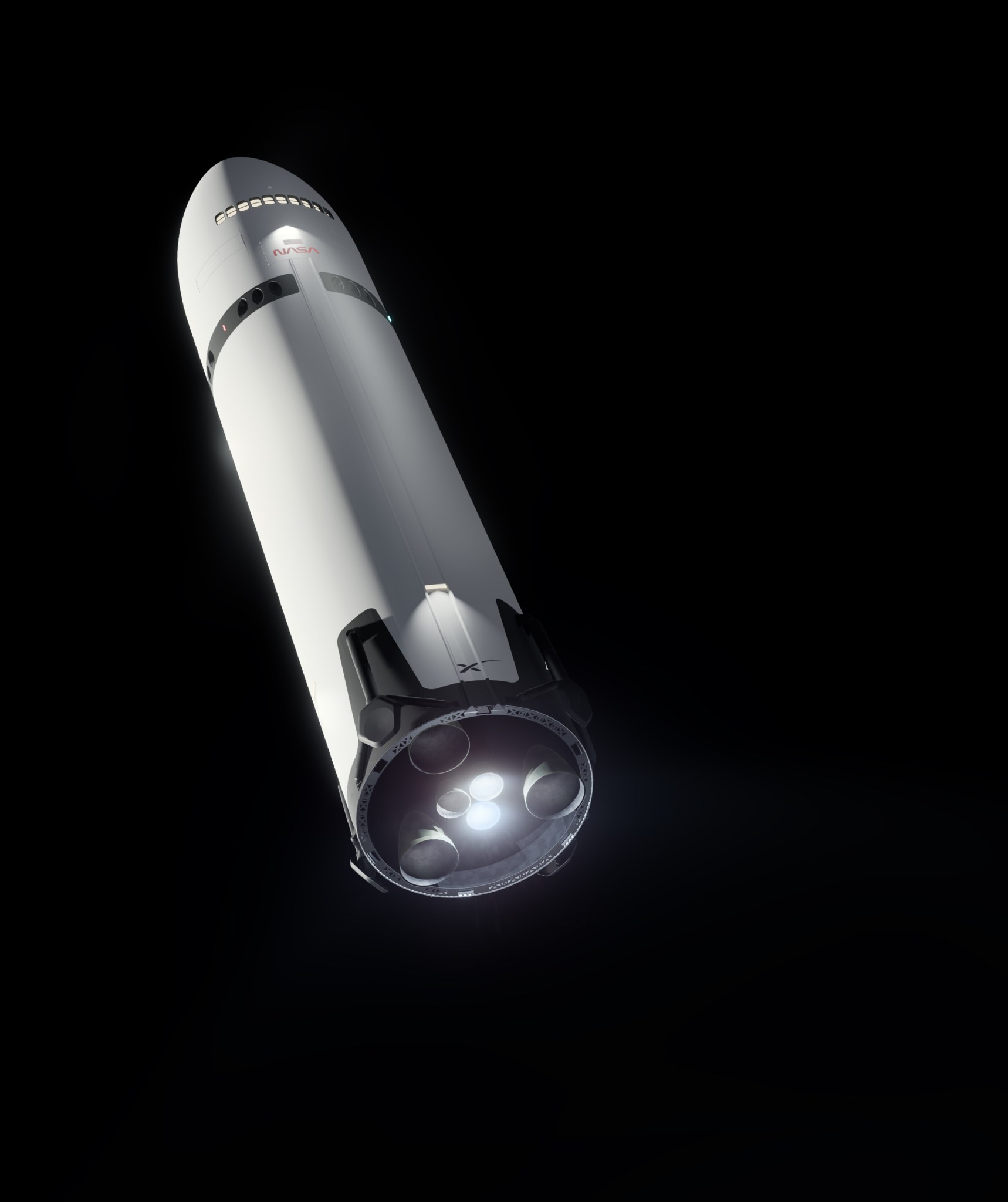 The artist’s concept portrays SpaceX’s Starship HLS with two Raptor engines lit performing a braking burn prior to its Moon landing. The burn will occur after Starship HLS departs low lunar orbit to reduce the lander’s velocity prior to final descent to the lunar surface.