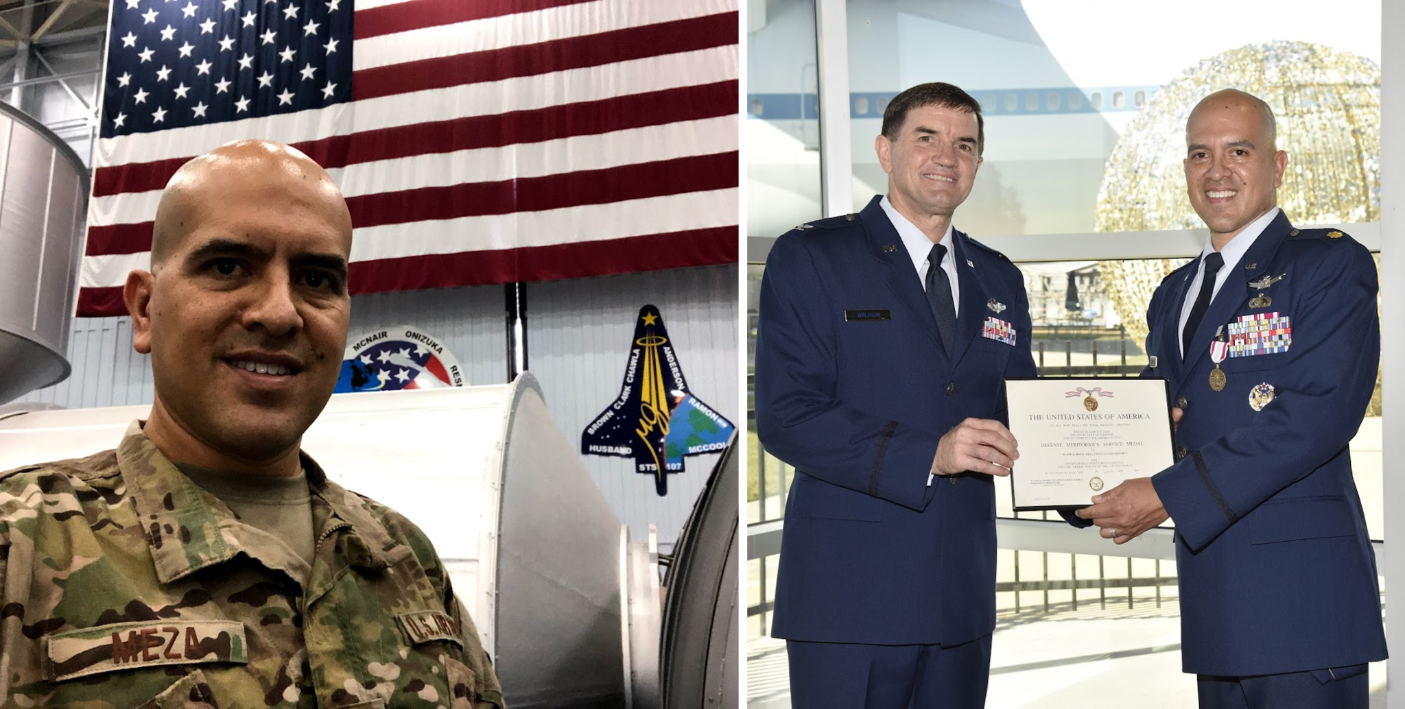 Side-by-side photos showing Albert Meza in the Air Force and during his retirement ceremony.