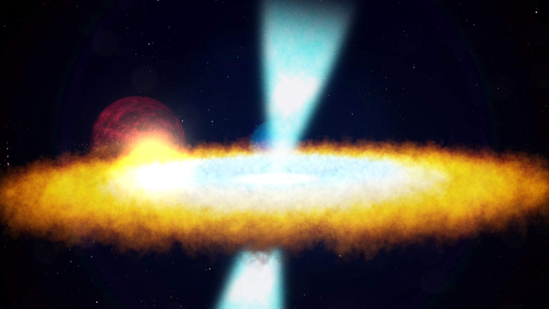 Artistic rendering of a glowing yellow-orange accretion disk with blue jets of energy emitting vertically with a red celestial body in the distance.