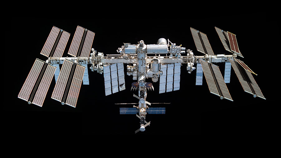 This mosaic depicts the space station pictured from the SpaceX Dragon crew spacecraft on Nov. 8, 2021.