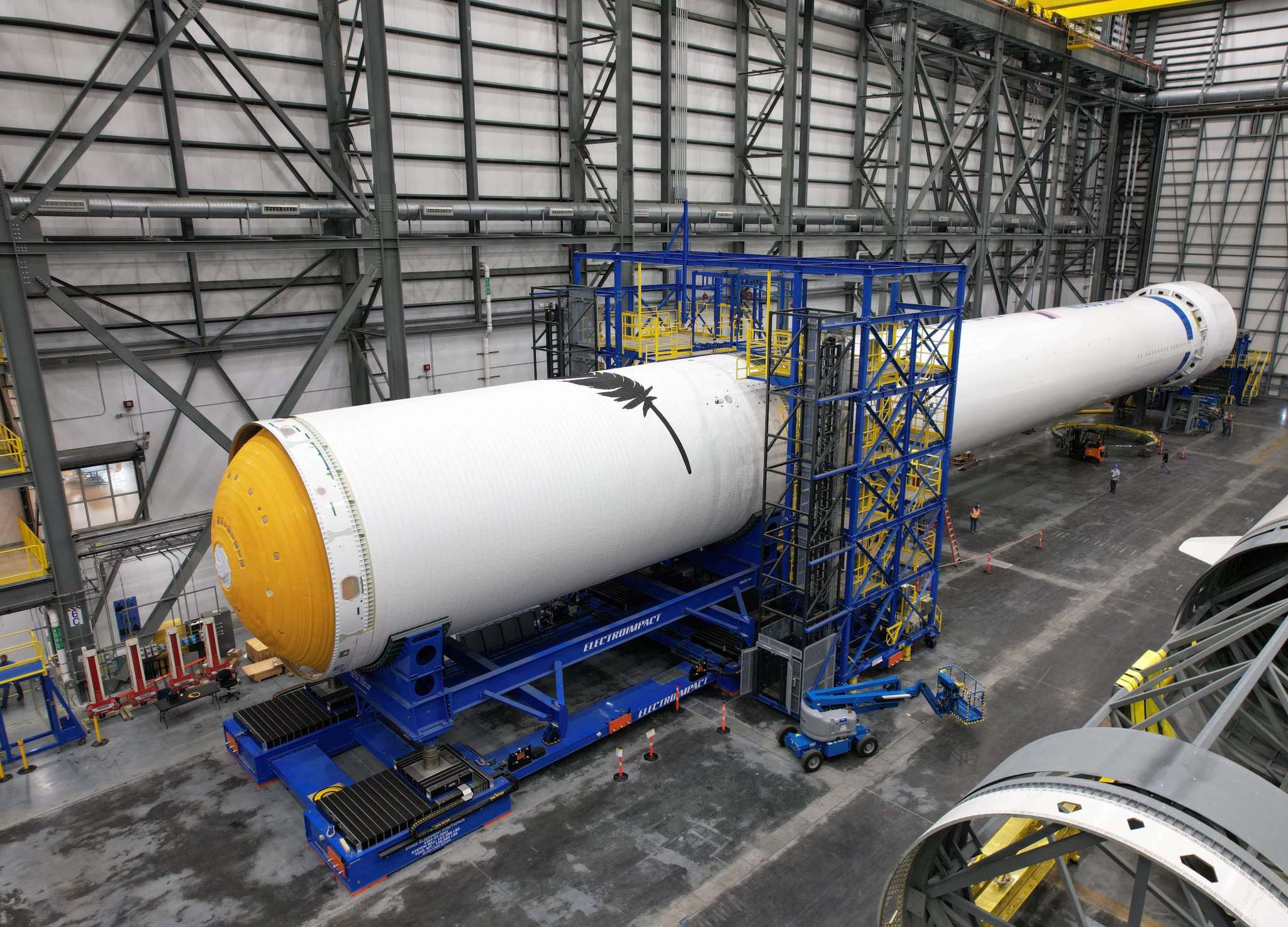 The first and second stages of Blue Origin’s New Glenn test vehicle pictured at the company’s orbital launch vehicle factory in Cape Canaveral, Florida