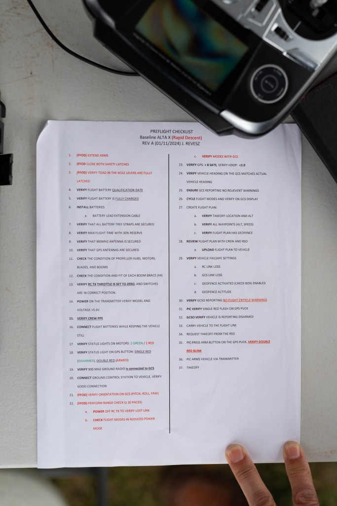 The pre-flight checklist for the NASA Langley drone team details the many checks the team performs before launching an uncrewed aerial system (UAS, more commonly called a drone) into the air.
