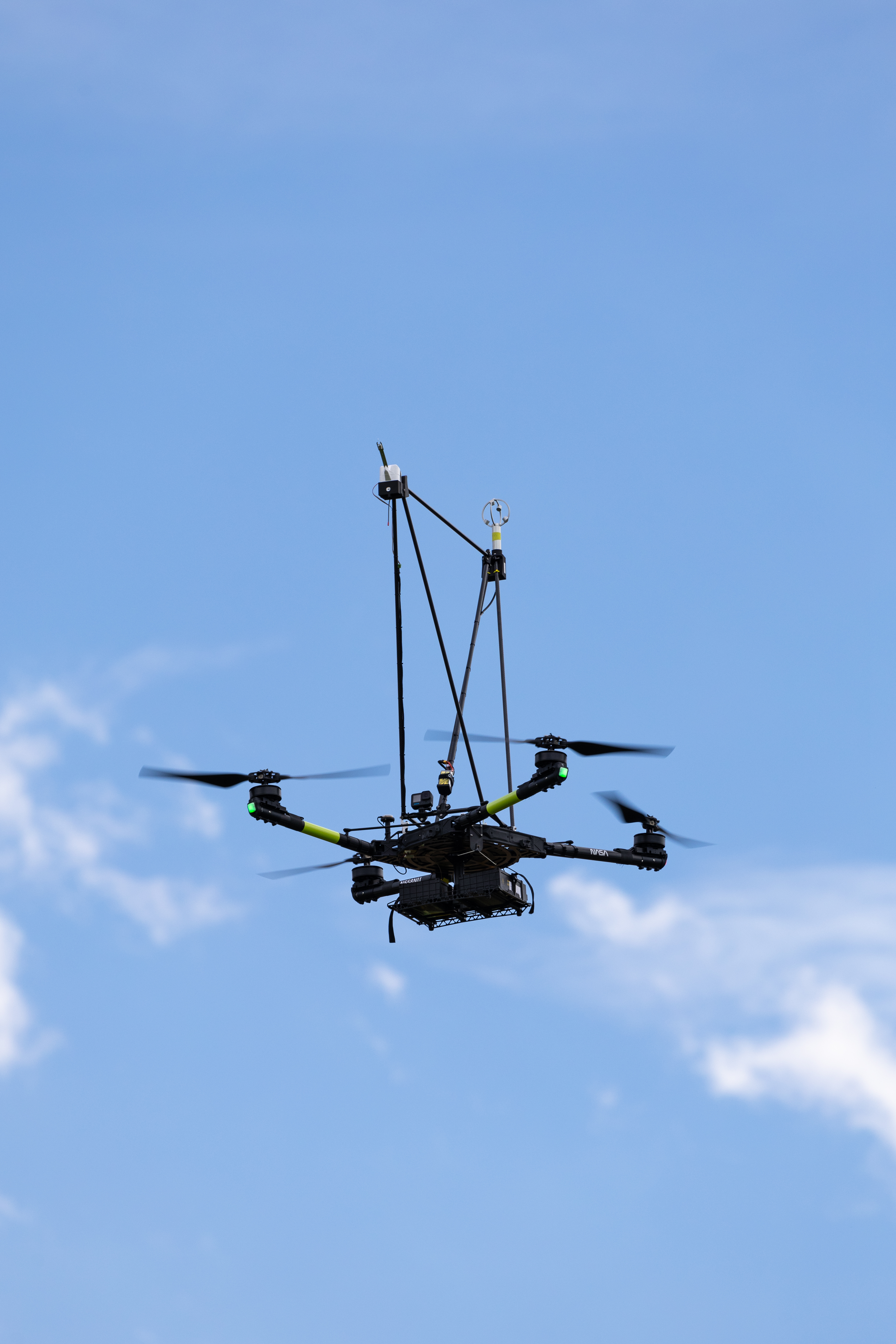 The NASA Alta X quadcopter rises into the sky during one of eight launches for the FireSense uncrewed aerial system (UAS) Technology Demonstration in Missoula, Montana.