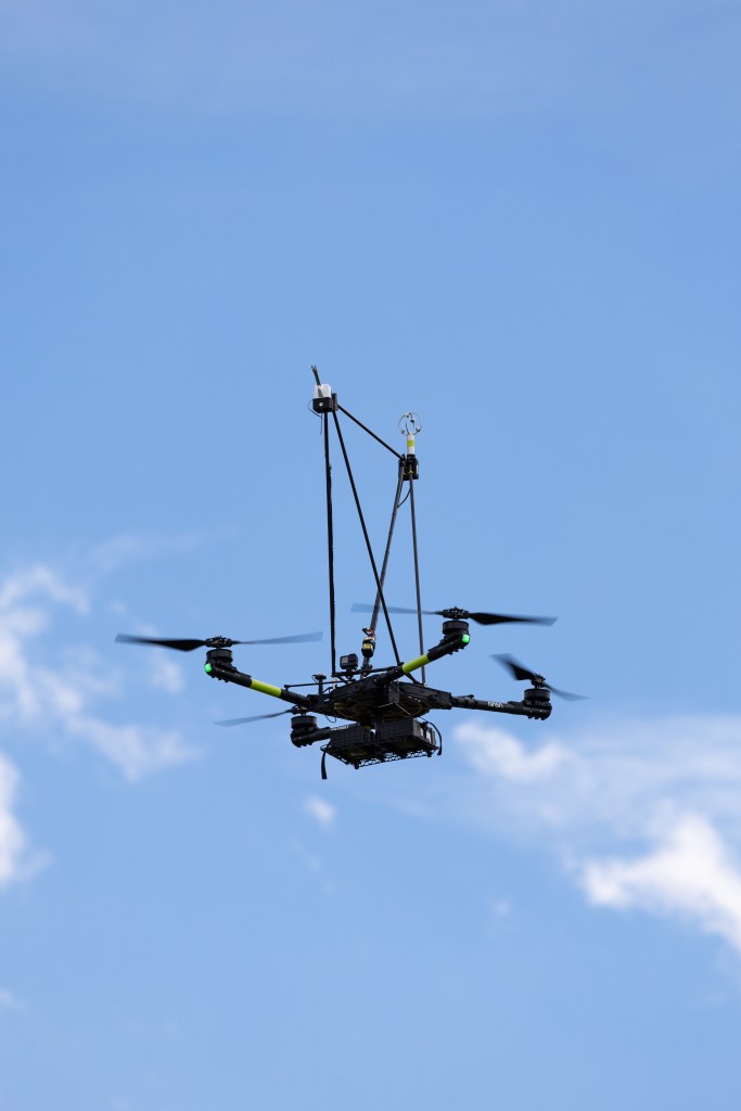 The NASA Alta X quadcopter rises into the sky during one of eight launches for the FireSense uncrewed aerial system (UAS) Technology Demonstration in Missoula, Montana.