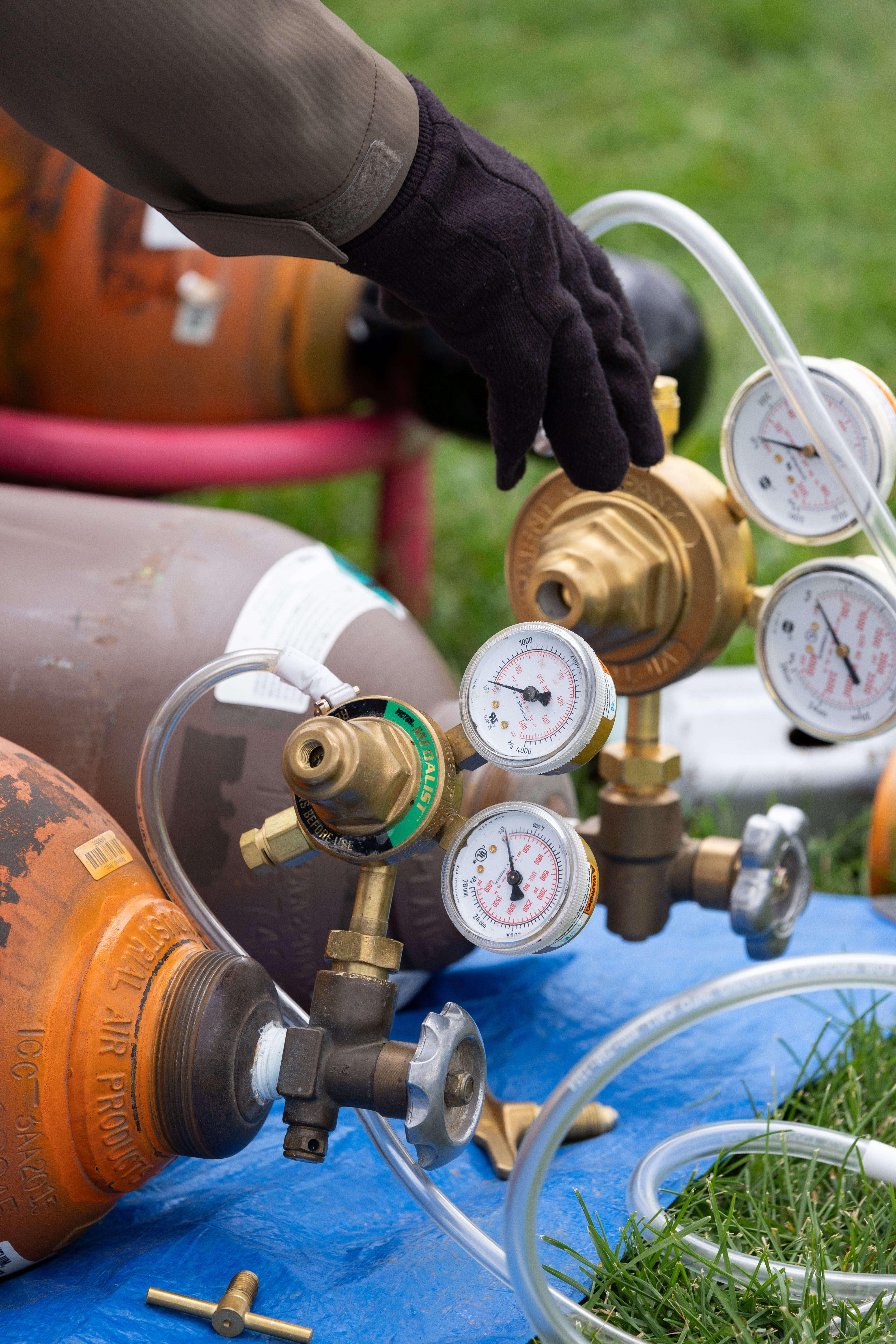 A variety of pressure gauges on the compressed gas tanks display readings for the weather balloon teams out of Salish Kootenai College and University of Idaho, who performed 15 launches over the three day campaign.