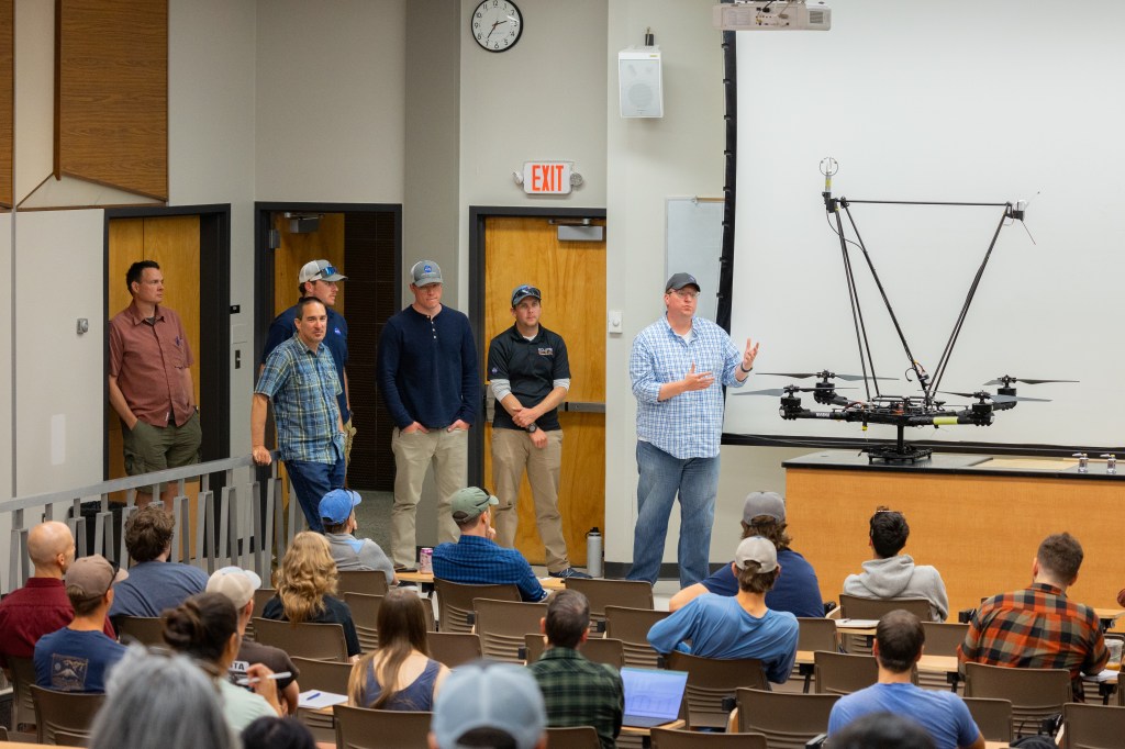FireSense UAS Lead Robert McSwain speaks to a classroom of students at the University of Montana, which partnered with NASA FireSense for the 2024 uncrewed aerial system (UAS) technology demonstration. McSwain and the Langley drone team brought the NASA Alta X quadcopter to talk about the goals of the campaign, speaking on the heels of a presentation given by NASA FireSense Project Scientist Jacquelyn Shuman (not pictured).