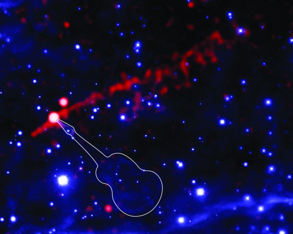 The guitar shape in the “Guitar Nebula” comes from bubbles blown by particles ejected from the pulsar through a steady wind as it moves through space. Images from Chandra taken in 2000, 2006, 2012 and 2021 have been combined with a single image in optical light from Palomar. X-rays from Chandra show a filament of energetic matter and antimatter particles, about two light-years long, blasting away from the pulsar (seen as the bright white dot). The movie shows how this filament has changed over two decades. An inset shows a closeup of the “guitar head” from NASA’s Hubble Space Telescope also changing over time from 1994-2021.