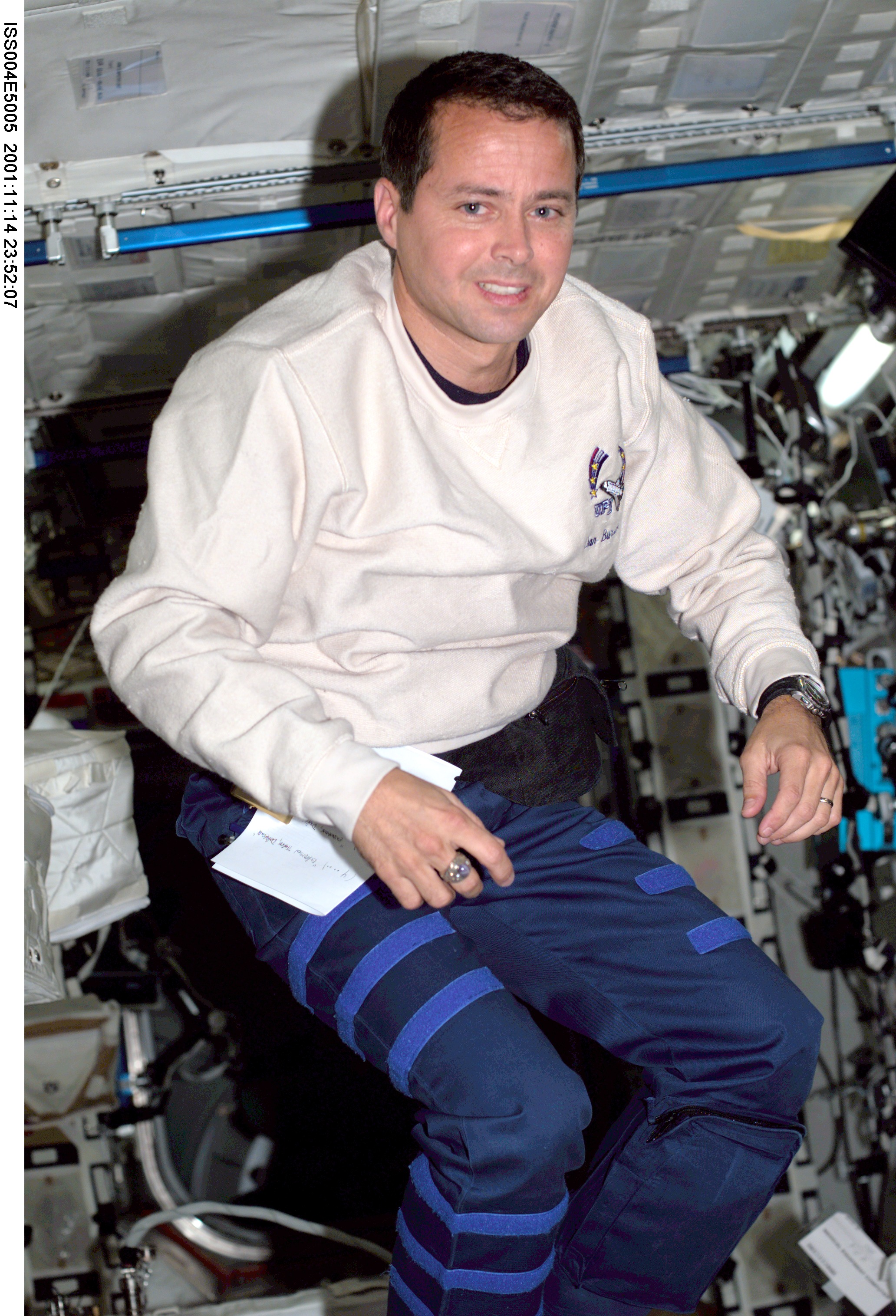 ISS004-E-5005 (December 2001) --- Astronaut Daniel W. Bursch, Expedition Four flight engineer, floats in the Destiny laboratory on the Internationa...