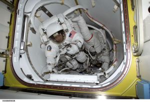 ISS004-E-8038 (20 February 2002) --- Astronauts Daniel W. Bursch (left) and Carl E. Walz are photographed in the crew lock of Quest prior to the February 20 space walk. The photograph was taken with a digital still camera by cosmonaut Yury I. Onufrienko, Expedition Four commander. Onufrienko remained onboard the International Space Station (ISS) while the two flight engineers, attired in NASA extravehicular mobility units (EMU), worked on the orbital outpost, logging a total of 5-hours, 47-minutes outside the station. The two tested equipment and procedures for the Airlock Quest and performed other tasks to prepare for Space Shuttle Atlantis’ STS-110 mission in April. The space walk began at 5:38 a.m. (CST) and ended at 11:25 a.m.