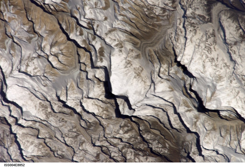 ISS004-E-8852 (20 March 2002) --- Astronaut Daniel W. Bursch, flight engineer for Expedition Four aboard the International Space Station, used a digital still camera to capture this image of Mt. Everest in the Himalayan Range. The mountain is near frame center. Here are the notes Bursch added in one of his reports to ground controllers: "One morning I happened to be up early. I glanced at our world map and saw that we’d be passing near Mt Everest soon. I checked the computer, realized that we were in an attitude that would allow me to open the window shutter and there was Mt Everest! It almost seemed to jump out at me. The low sun angle (it was close to orbital sunrise) gave tremendous relief to the mountains. It was just one of those sights that will be forever burned into my brain!"