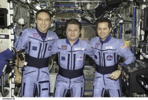 ISS004-E-9194 (23 March 2002) --- The Expedition Four crewmembers pose for an informal crew photo in the Destiny laboratory on the International Space Station (ISS). From the left are astronaut Carl E. Walz, flight engineer, cosmonaut Yury I. Onufrienko, mission commander, and astronaut Daniel W. Bursch, flight engineer. Onufrienko represents Rosaviakosmos. The image was taken with a digital still camera.