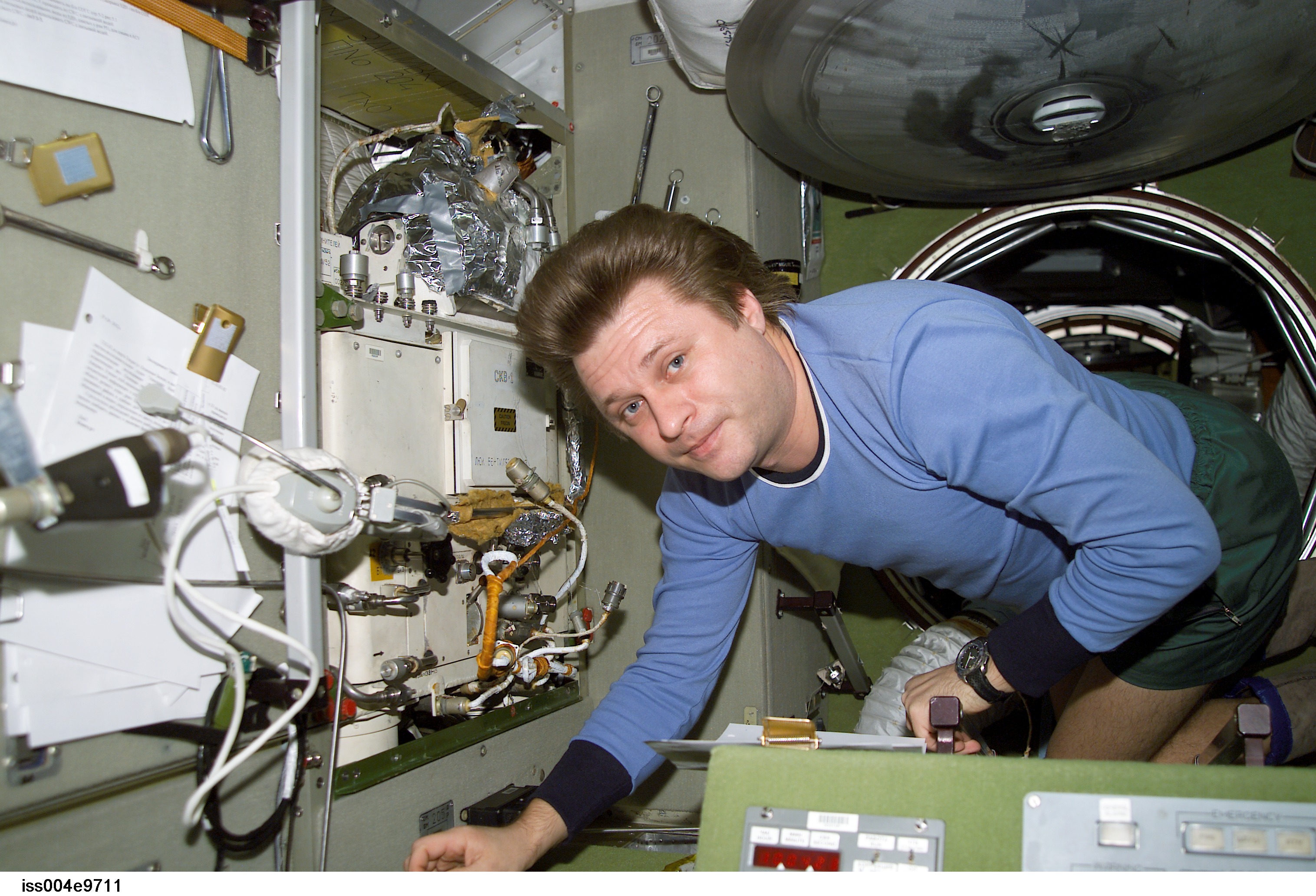 ISS004-E-9711 (3 April 2002) --- Cosmonaut Yury I. Onufrienko, Expedition Four mission commander, works in the Zvezda Service Module on the International Space Station (ISS).