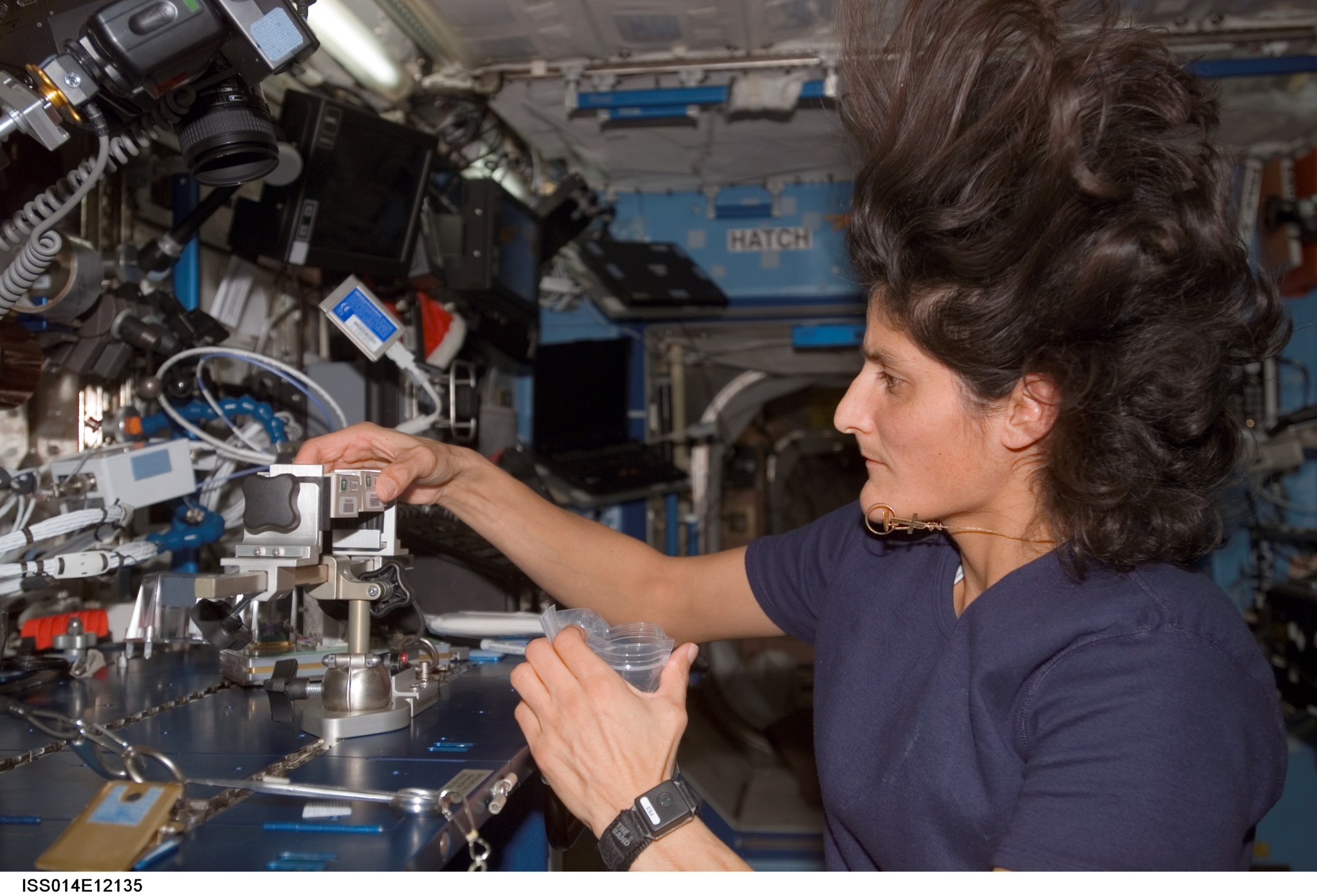 Williams is wearing a blue t-shirt, her hair floating above her head. She is adjusting a piece of equipment on a worktable with her right hand and holding a sample container in her left. She wears a black Actiwatch around her left wrist.
