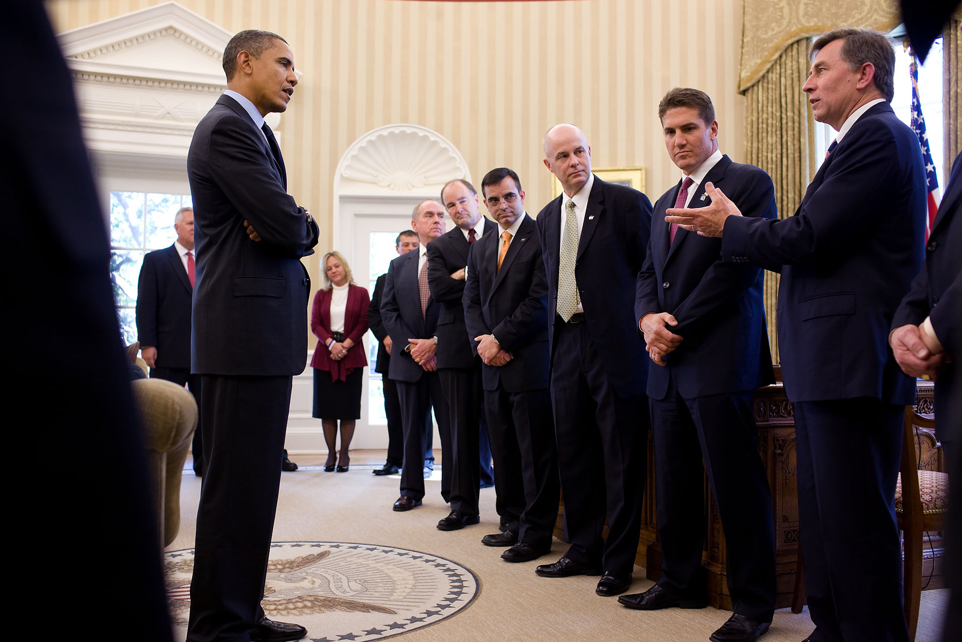 President Barack Obama meets in the Oval Office with some of the Americans involved in the Chilean mine rescue, Wednesday, Oct. 28, 2010, in Washington