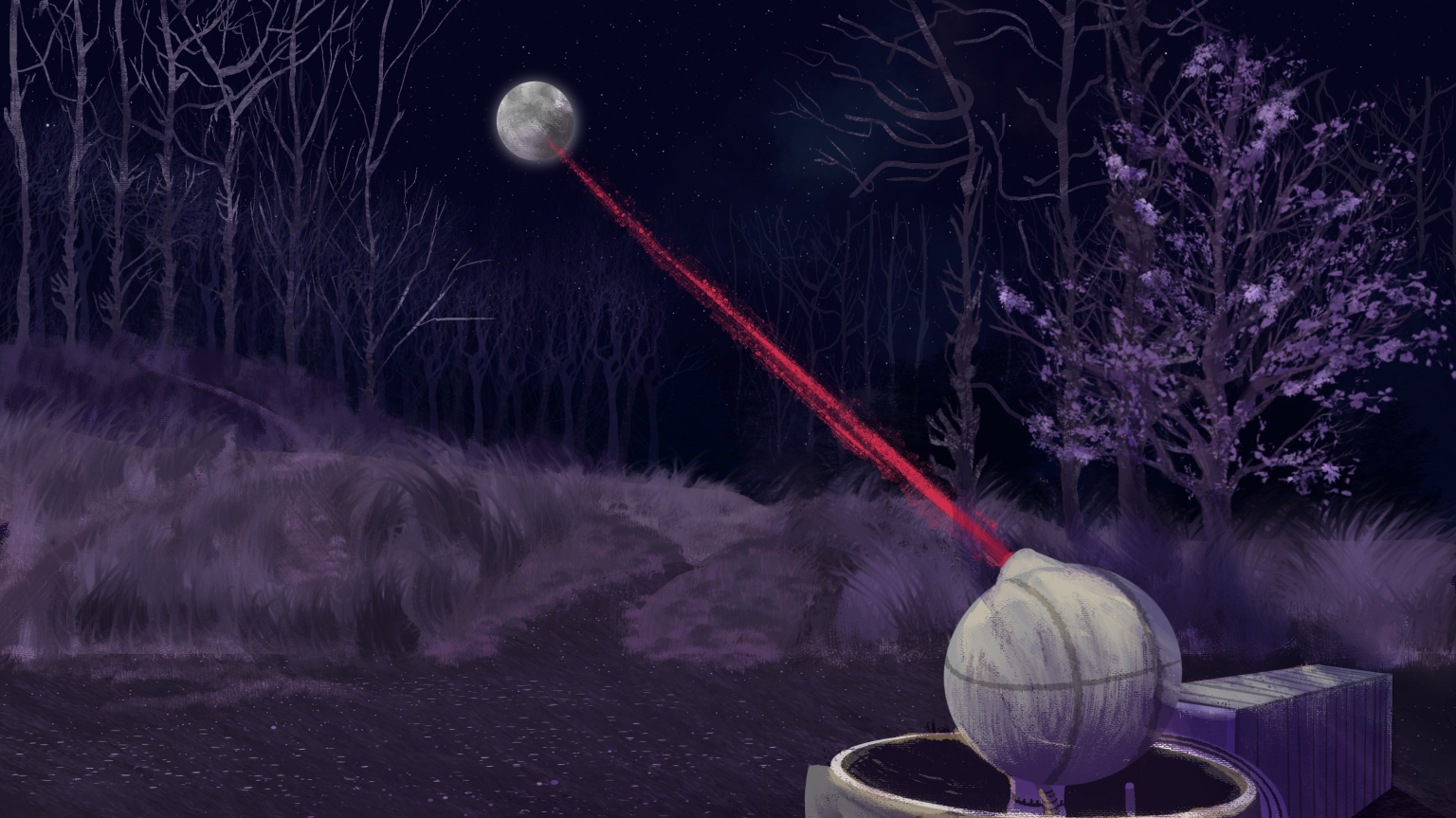 A mysterious spherical device in a forest emits a red laser beam aimed at the moon. The scene is set at night, with leafless trees and a starry sky in the background. The ground is covered in soft, purple-tinged foliage.