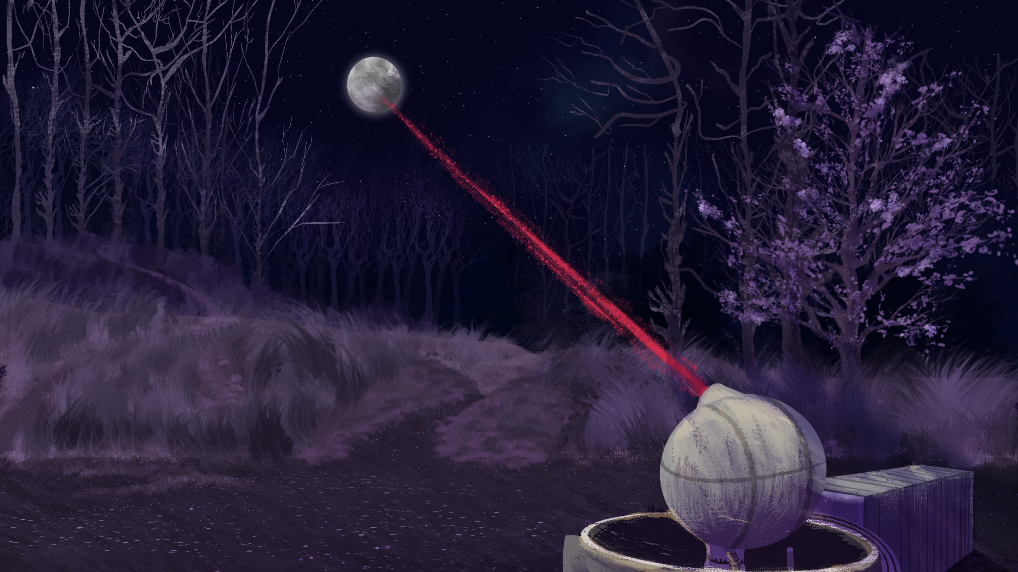 A mysterious spherical device in a forest emits a red laser beam aimed at the moon. The scene is set at night, with leafless trees and a starry sky in the background. The ground is covered in soft, purple-tinged foliage.