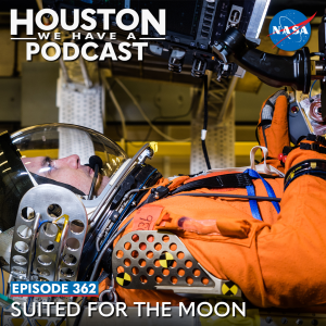 Houston We Have a Podcast Episode 362 Suited for the Moon. Image of a spacesuit engineer in the OCSS suit.