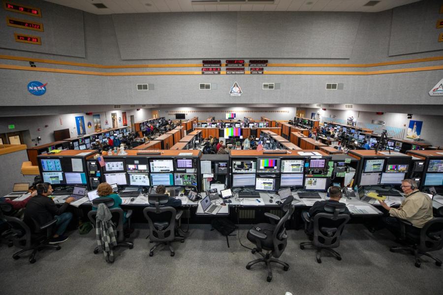 Members of the Artemis launch team participate in an Artemis II Terminal Count Simulation in Firing Room 1 inside the Launch Control Center at NASAâs Kennedy Space Center in Florida on Friday, Dec. 6, 2024. Teams practiced running through the last hours of launch countdown as part of an integrated ground systems test the Exploration Ground Systems team is undergoing to prepare for Artemis II. This particular operation focused on testing the updated launch control system software the Artemis launch team uses to launch the SLS (Space Launch System) rocket and Orion spacecraft.
