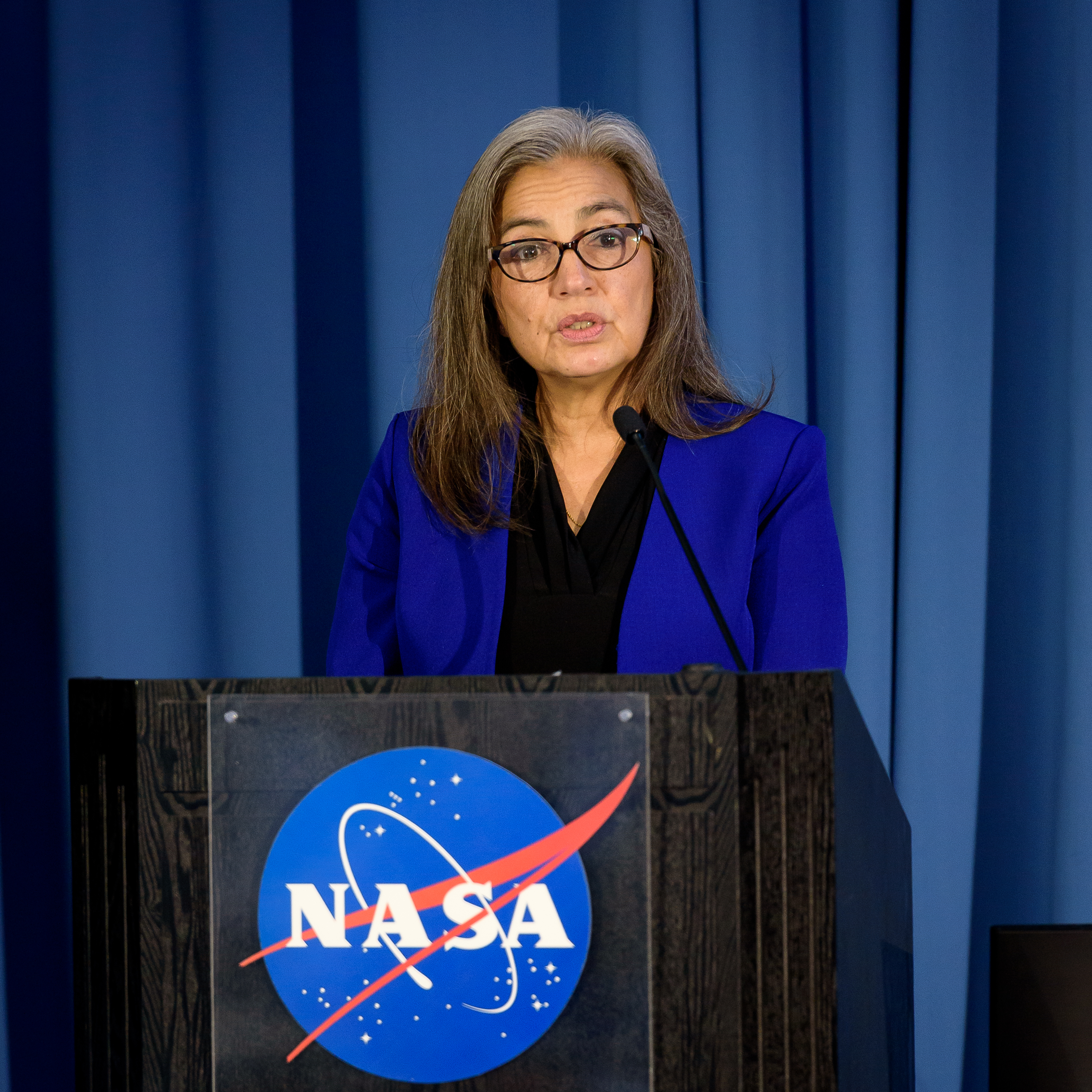 Sandra Cauffman, NASA Headquarters, speaks at the Emerging Technologies for Astrophysics Mission Workshop in the Ballroom of Building 3, at NASA Re...